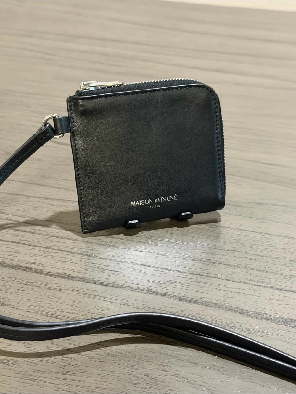 MAISON KITSUNÉ Black Leather Zip Wristlet Wallet with Strap